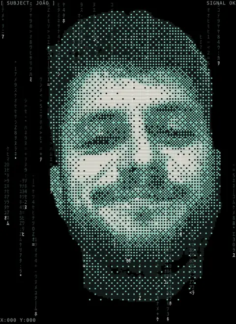 Portrait of João, smiling, drawn in green dithered pixels on black with falling katakana code.